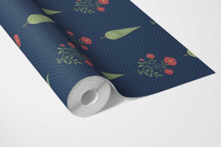 'Faery Forest' Botanical/ Floral Block Print Wallpaper (Navy Blue/ Red/ Green) - Image 3