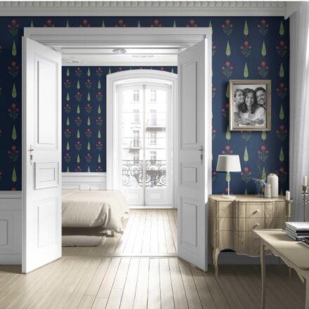 'Faery Forest' Botanical/ Floral Block Print Wallpaper (Navy Blue/ Red/ Green) - Image 4