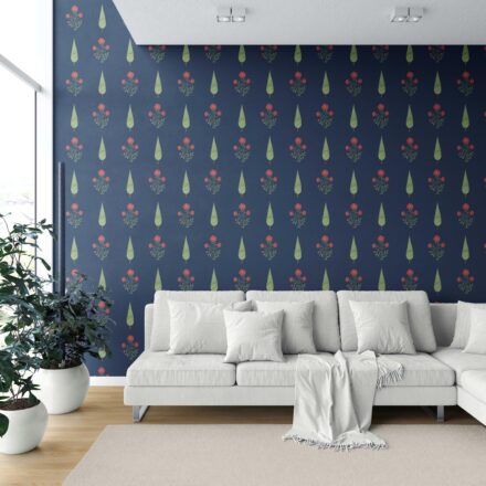 'Faery Forest' Botanical/ Floral Block Print Wallpaper (Navy Blue/ Red/ Green) - Image 6