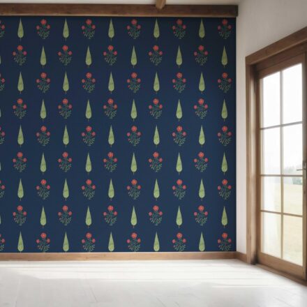 'Faery Forest' Botanical/ Floral Block Print Wallpaper (Navy Blue/ Red/ Green) - Image 7