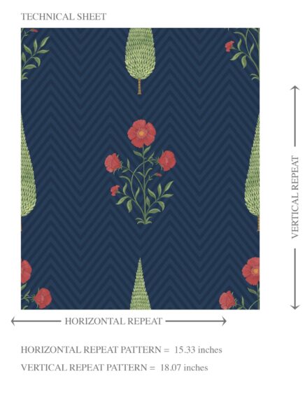 'Faery Forest' Botanical/ Floral Block Print Wallpaper (Navy Blue/ Red/ Green) - Image 8
