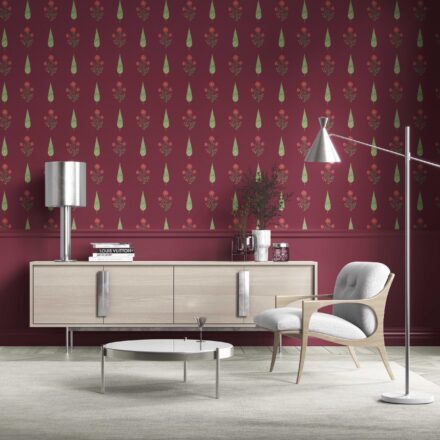 'Woven Slats' Botanical/ Floral Block Print Wallpaper (Red/ Maroon/ Green) - Image 2