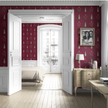 'Woven Slats' Botanical/ Floral Block Print Wallpaper (Red/ Maroon/ Green) - Image 4