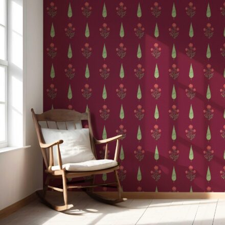 'Woven Slats' Botanical/ Floral Block Print Wallpaper (Red/ Maroon/ Green) - Image 5