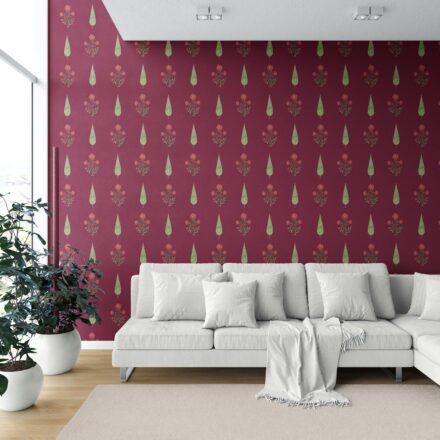 'Woven Slats' Botanical/ Floral Block Print Wallpaper (Red/ Maroon/ Green) - Image 6