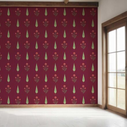 'Woven Slats' Botanical/ Floral Block Print Wallpaper (Red/ Maroon/ Green) - Image 7