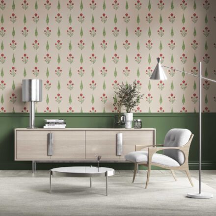 'Bay Boutique' Botanical/ Floral Block Print Wallpaper (Beige/ Red/ Green) - Image 2
