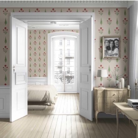 'Bay Boutique' Botanical/ Floral Block Print Wallpaper (Beige/ Red/ Green) - Image 4