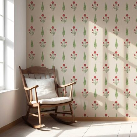 'Bay Boutique' Botanical/ Floral Block Print Wallpaper (Beige/ Red/ Green) - Image 5