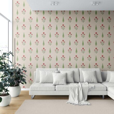 'Bay Boutique' Botanical/ Floral Block Print Wallpaper (Beige/ Red/ Green) - Image 6