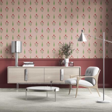 'Pastry Puff' Botanical/ Floral Block Print Wallpaper (Pink/ Red/ Green) - Image 2