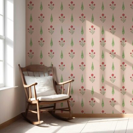 'Pastry Puff' Botanical/ Floral Block Print Wallpaper (Pink/ Red/ Green) - Image 5