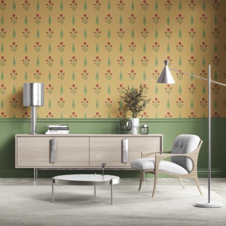 'Beluga' Botanical/ Floral Block Print Wallpaper (Yellow/ Red/ Green) - Image 2