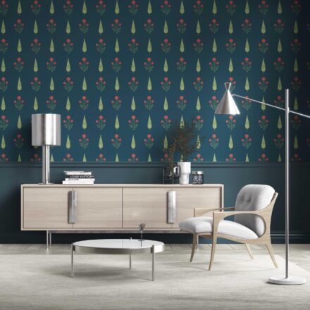 'Aardvark' Botanical/ Floral Block Print Wallpaper (Teal Blue/ Red/ Green) - Image 2