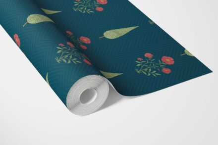 'Aardvark' Botanical/ Floral Block Print Wallpaper (Teal Blue/ Red/ Green) - Image 3
