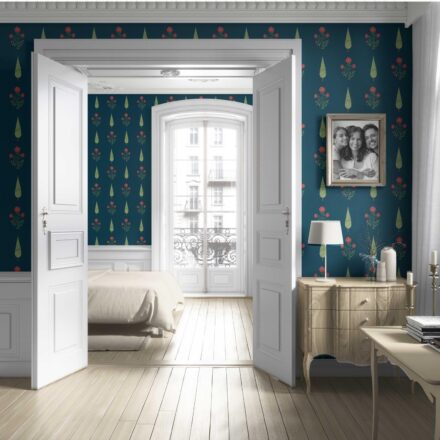 'Aardvark' Botanical/ Floral Block Print Wallpaper (Teal Blue/ Red/ Green) - Image 4