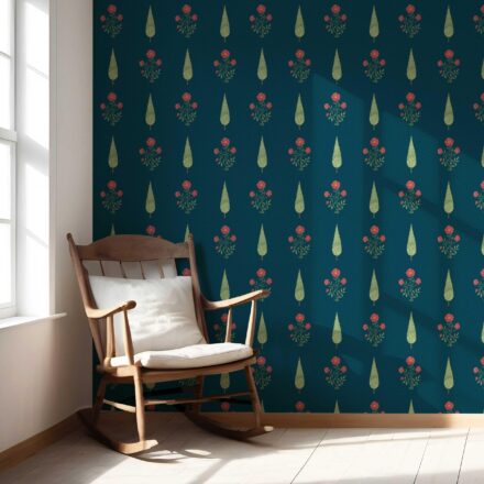 'Aardvark' Botanical/ Floral Block Print Wallpaper (Teal Blue/ Red/ Green) - Image 5