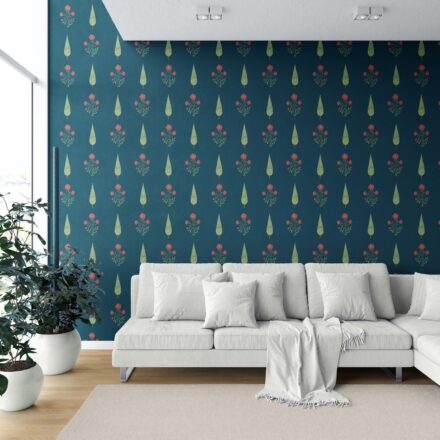 'Aardvark' Botanical/ Floral Block Print Wallpaper (Teal Blue/ Red/ Green) - Image 6
