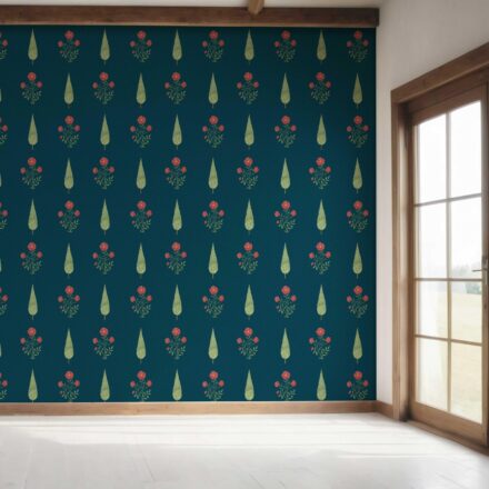 'Aardvark' Botanical/ Floral Block Print Wallpaper (Teal Blue/ Red/ Green) - Image 7