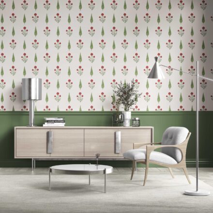 'Monogram' Botanical/ Floral Block Print Wallpaper (White/ Red/ Green) - Image 2