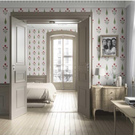 'Monogram' Botanical/ Floral Block Print Wallpaper (White/ Red/ Green) - Image 4