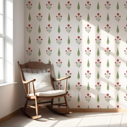 'Monogram' Botanical/ Floral Block Print Wallpaper (White/ Red/ Green) - Image 5
