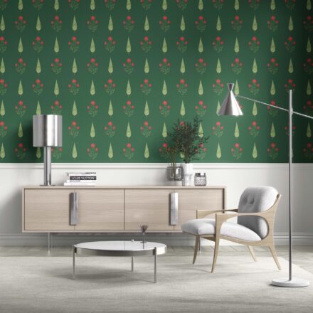 'Farben' Botanical/ Floral Block Print Wallpaper (Emerald Green/ Red) - Image 2