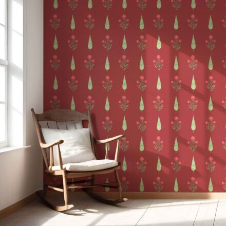 'Bolsena' Botanical/ Floral Block Print Wallpaper (Red/ Pink/ Green) - Image 5