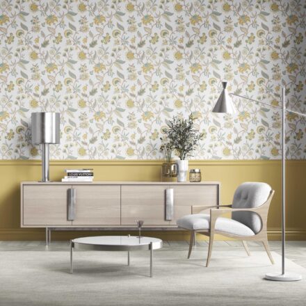 'Tea Joie' Botanical/ Floral Chinoiserie Wallpaper (Yellow/ Blue/ Beige) - Image 2