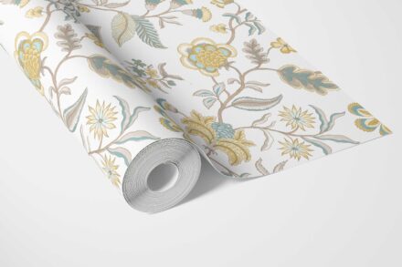 'Tea Joie' Botanical/ Floral Chinoiserie Wallpaper (Yellow/ Blue/ Beige) - Image 3