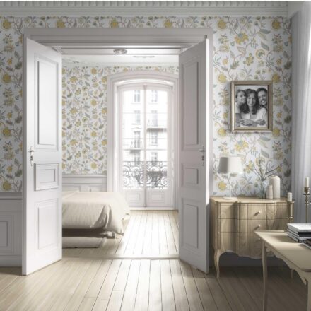 'Tea Joie' Botanical/ Floral Chinoiserie Wallpaper (Yellow/ Blue/ Beige) - Image 4