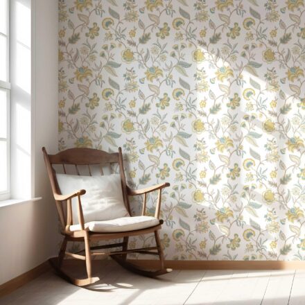 'Tea Joie' Botanical/ Floral Chinoiserie Wallpaper (Yellow/ Blue/ Beige) - Image 5