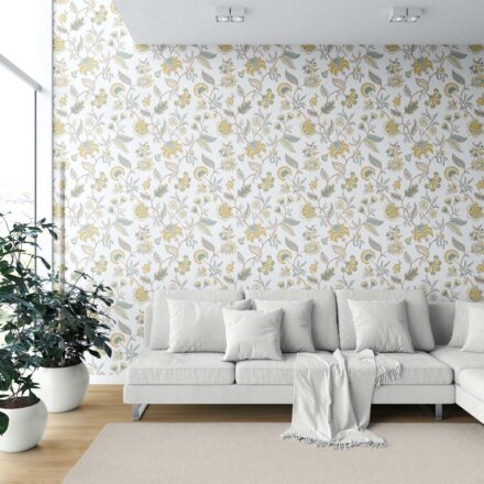 'Tea Joie' Botanical/ Floral Chinoiserie Wallpaper (Yellow/ Blue/ Beige) - Image 6