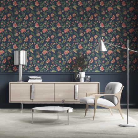 'Ciabatta' Botanical/ Floral Chinoiserie Wallpaper (Navy Blue/ Pink/ Green/ Red) - Image 2