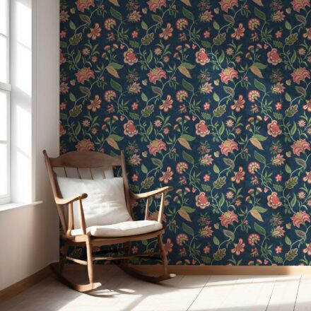 'Ciabatta' Botanical/ Floral Chinoiserie Wallpaper (Navy Blue/ Pink/ Green/ Red) - Image 5