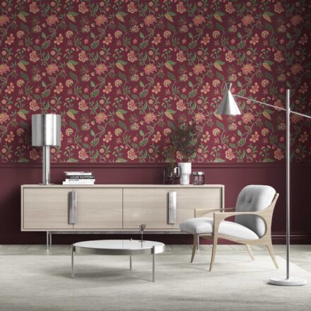 'Bumblebee' Botanical/ Floral Chinoiserie Wallpaper (Maroon/ Red/ Pink/ Green) - Image 2