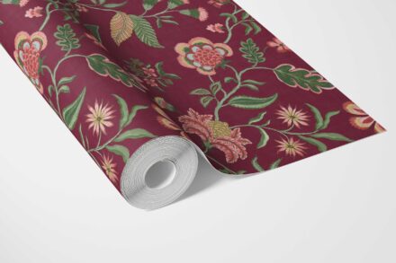 'Bumblebee' Botanical/ Floral Chinoiserie Wallpaper (Maroon/ Red/ Pink/ Green) - Image 3