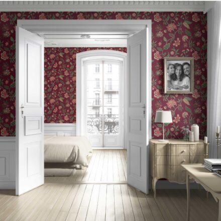 'Bumblebee' Botanical/ Floral Chinoiserie Wallpaper (Maroon/ Red/ Pink/ Green) - Image 4