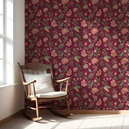 'Bumblebee' Botanical/ Floral Chinoiserie Wallpaper (Maroon/ Red/ Pink/ Green) - Image 5