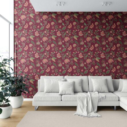 'Bumblebee' Botanical/ Floral Chinoiserie Wallpaper (Maroon/ Red/ Pink/ Green) - Image 6