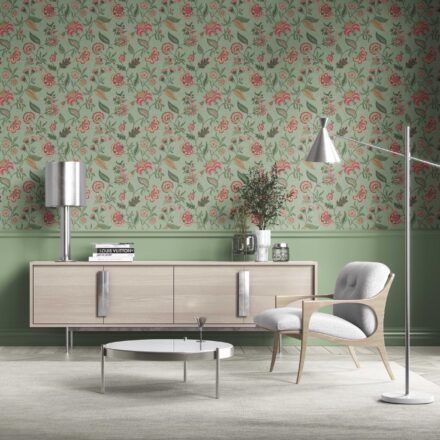 'Egyptian' Botanical/ Floral Chinoiserie Wallpaper (Sage Green/ Pink/ Red/ Blue) - Image 2