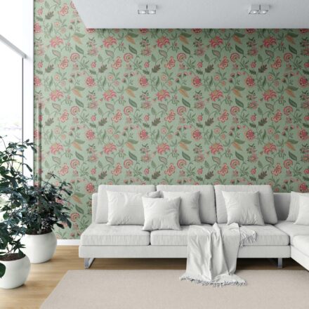 'Egyptian' Botanical/ Floral Chinoiserie Wallpaper (Sage Green/ Pink/ Red/ Blue) - Image 6