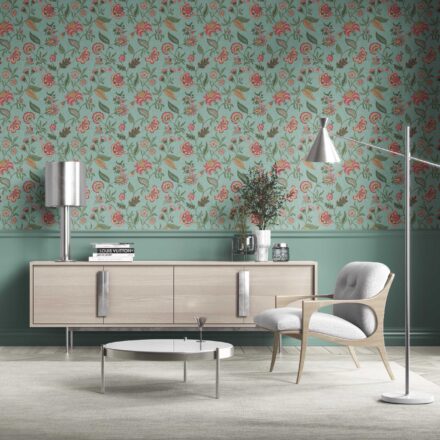 'Barona' Botanical/ Floral Chinoiserie Wallpaper (Blue-Green/ Pink/ Red) - Image 2
