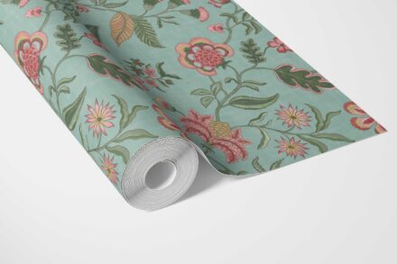 'Barona' Botanical/ Floral Chinoiserie Wallpaper (Blue-Green/ Pink/ Red) - Image 3