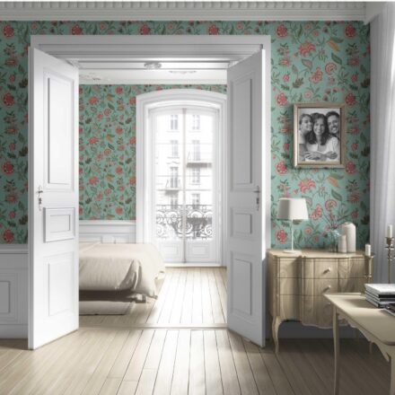 'Barona' Botanical/ Floral Chinoiserie Wallpaper (Blue-Green/ Pink/ Red) - Image 4