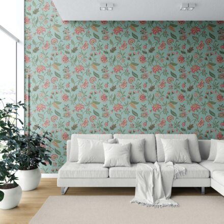 'Barona' Botanical/ Floral Chinoiserie Wallpaper (Blue-Green/ Pink/ Red) - Image 6