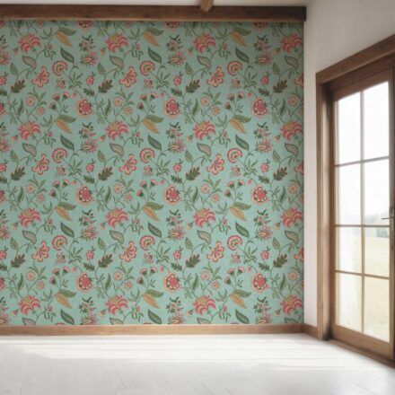 'Barona' Botanical/ Floral Chinoiserie Wallpaper (Blue-Green/ Pink/ Red) - Image 7
