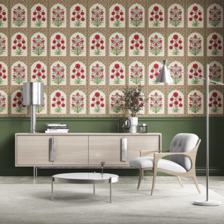 'Envy' Vintage Ethnic Floral Block Print Wallpaper (Red/ Pink/ Green)