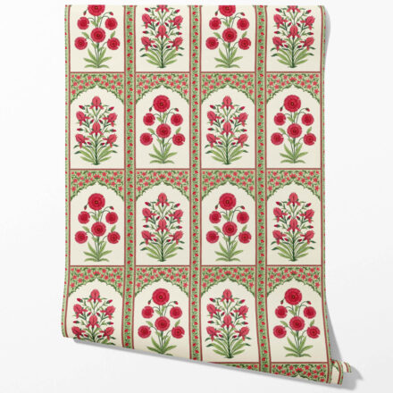 'Envy' Vintage Ethnic Floral Block Print Wallpaper (Red/ Pink/ Green) - Image 2