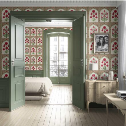 'Envy' Vintage Ethnic Floral Block Print Wallpaper (Red/ Pink/ Green) - Image 4